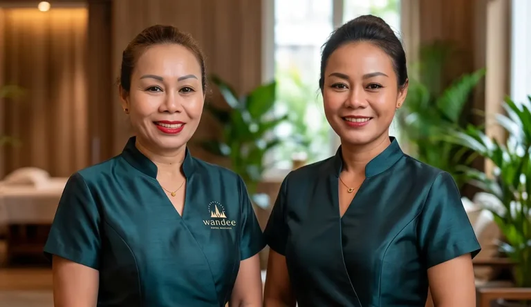 Deux masseuses de Wandee Royal Massage, en tenue professionnelle, posant face à l'appareil.